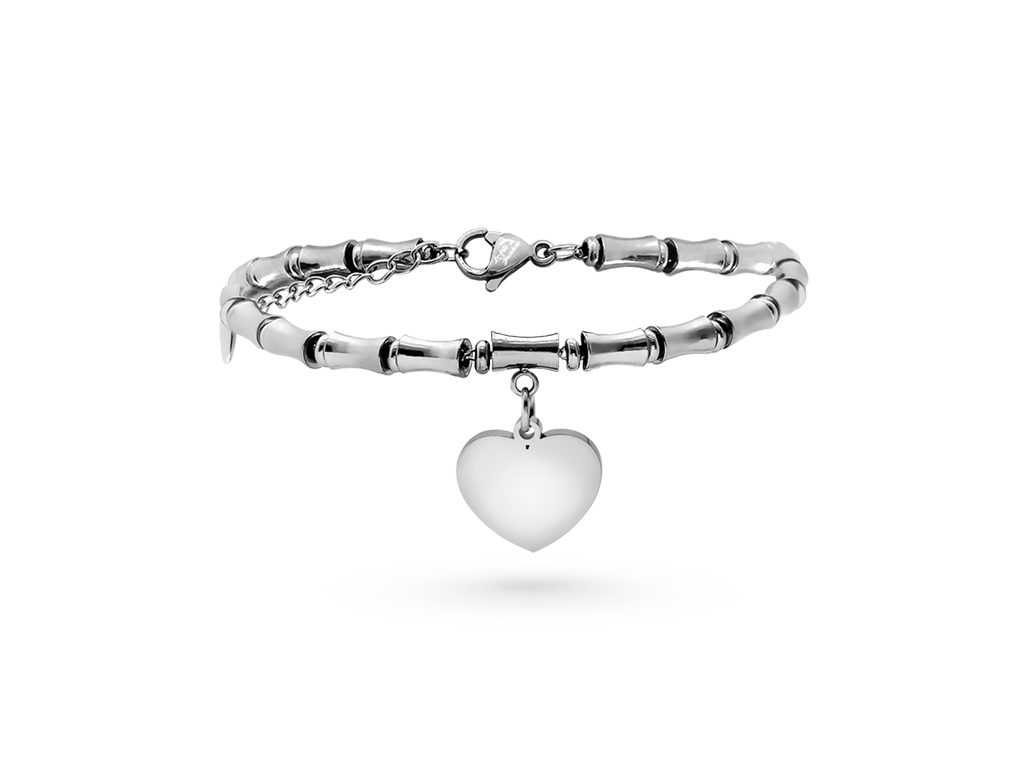 Bracciale con pendente cuore maglia bamboo argentato incisione personalizzata 1 per lato Bracciale con pendente cuore maglia bamboo argentato incisione personalizzata 1 per lato