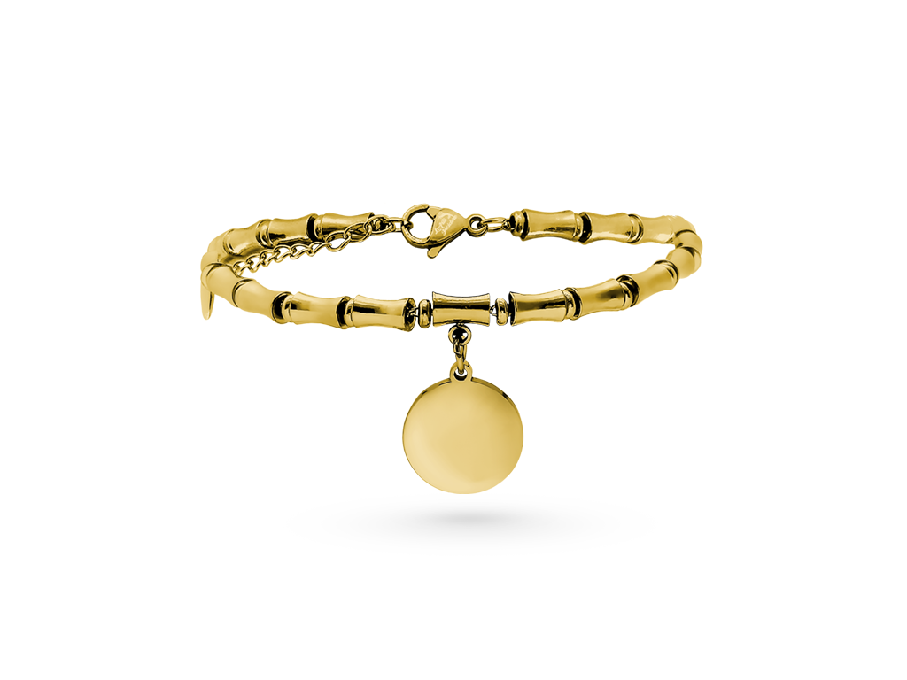 Bracciale con pendente tondo donna maglia bamboo incisione personalizzata 1 per lato Bracciale con pendente tondo donna maglia bamboo incisione personalizzata 1 per lato