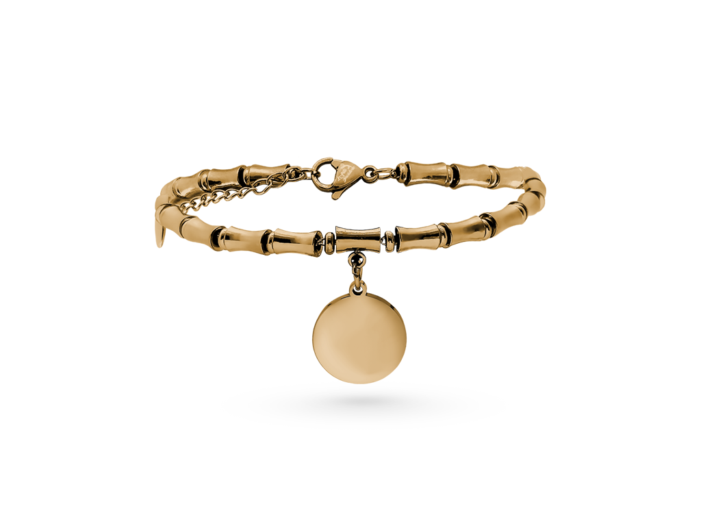 Bracciale con pendente tondo donna maglia bamboo incisione personalizzata 1 per lato Bracciale con pendente tondo donna maglia bamboo incisione personalizzata 1 per lato