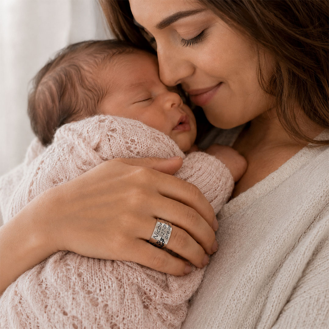 Anello Nascita Mamma con Incisione Personalizzata Indossato