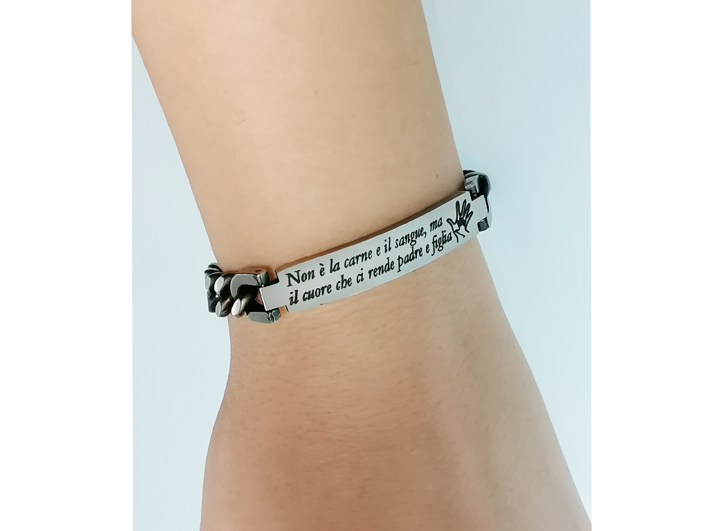 Bracciale papà con incisione personalizzata maglia grumetta placca ampia con 1 dedica e disegno