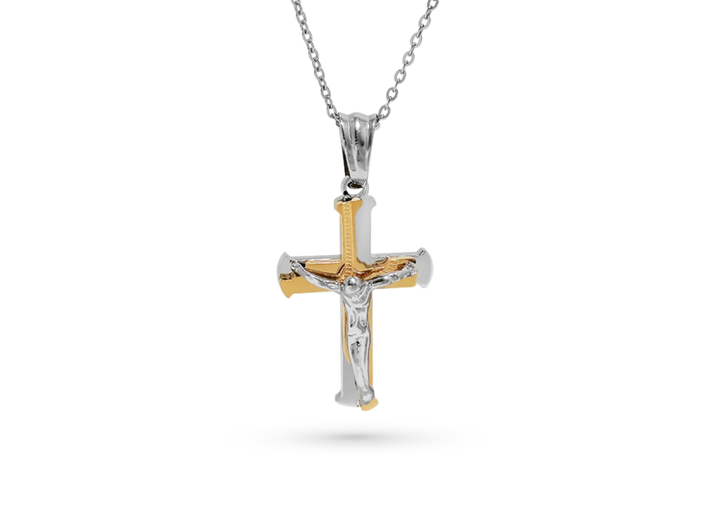 Collana uomo con crocifisso argentata con dettagli dorati Collana uomo con crocifisso argentata con dettagli dorati