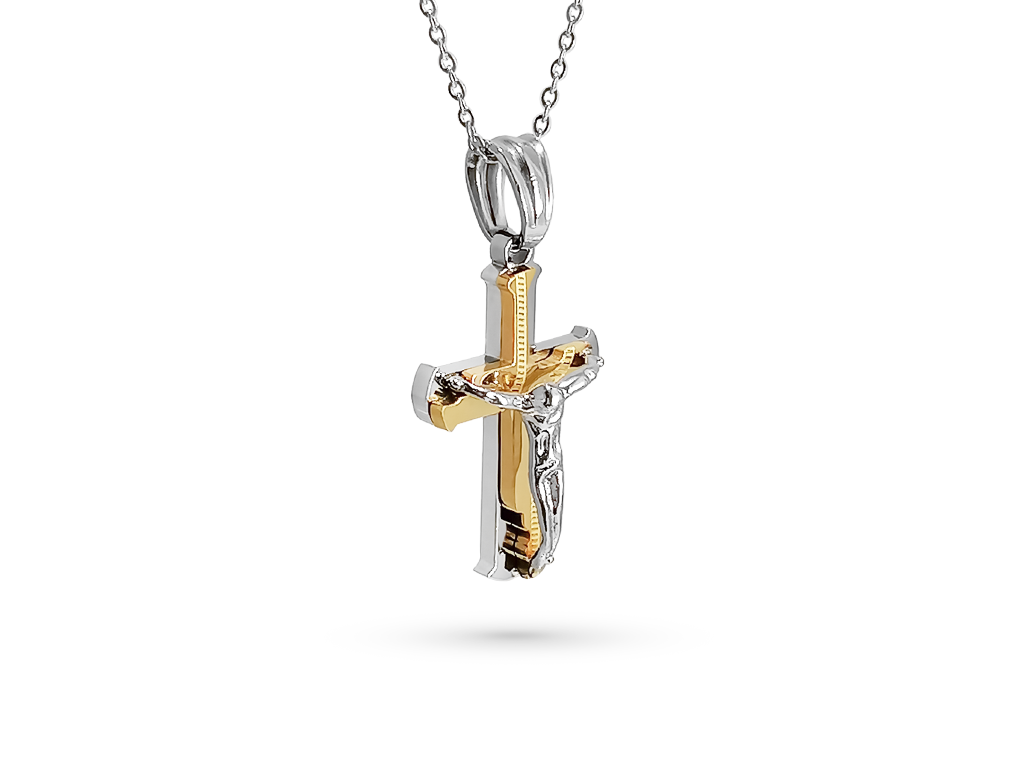 Collana uomo con crocifisso argentata e dettagli dorati Collana uomo con crocifisso argentata e dettagli dorati