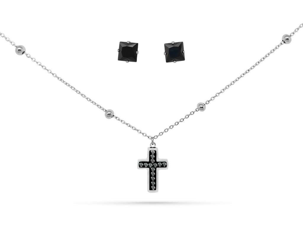 Girocollo croce donna e 2 orecchini con punti luce neri Incisione Personalizzata Girocollo croce donna e orecchini con punti luce neri