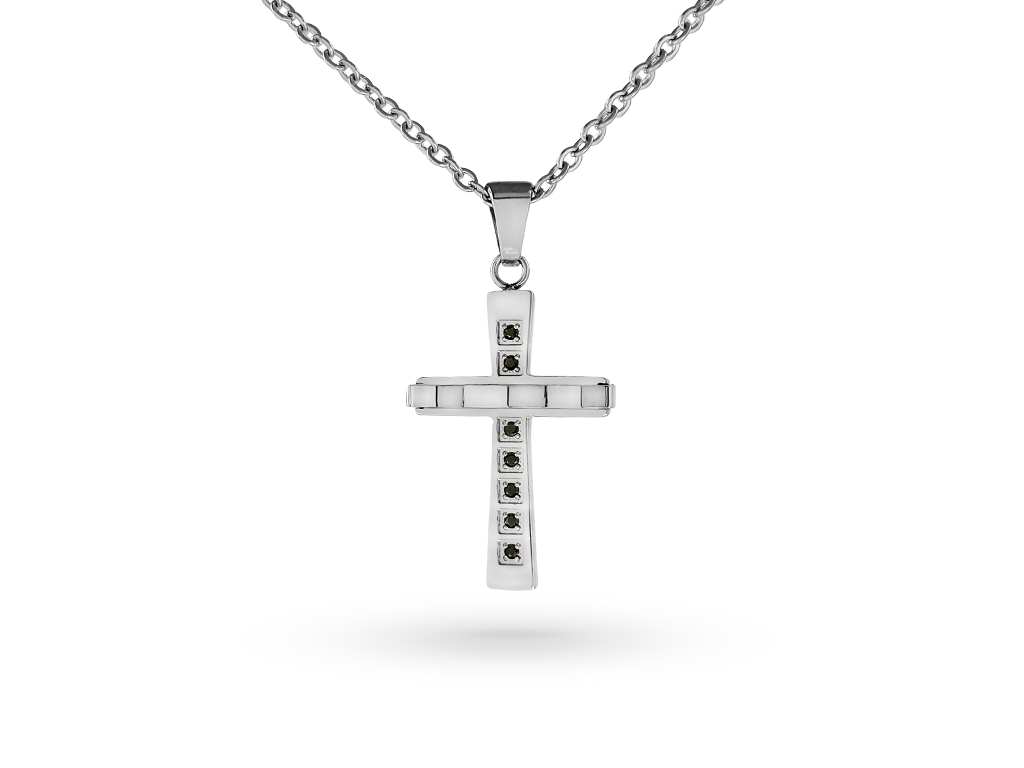 Collana con croce uomo argentata e 7 punti luce neri Collana con croce uomo argentata e 7 punti luce neri