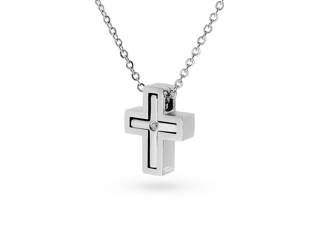 Croce collana uomo ad incastro argentata e punto luce con 1 Incisione personalizzata Croce collana uomo ad incastro argentata e punto luce con 1 Incisione personalizzata