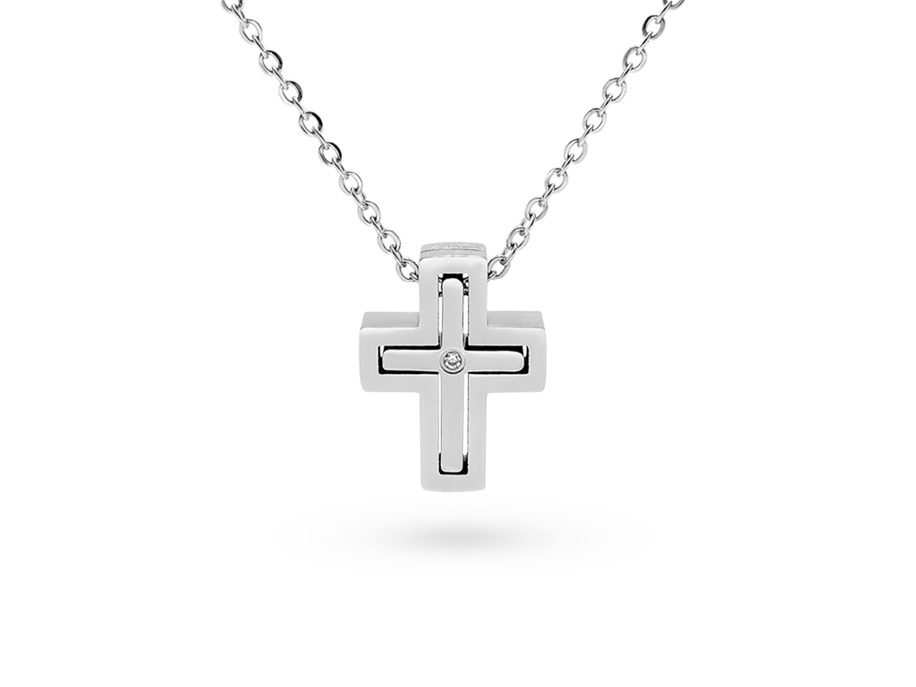 Croce collana uomo ad incastro argentata e punto luce con 1 Incisione personalizzata Croce collana uomo ad incastro argentata e punto luce con 1 Incisione personalizzata