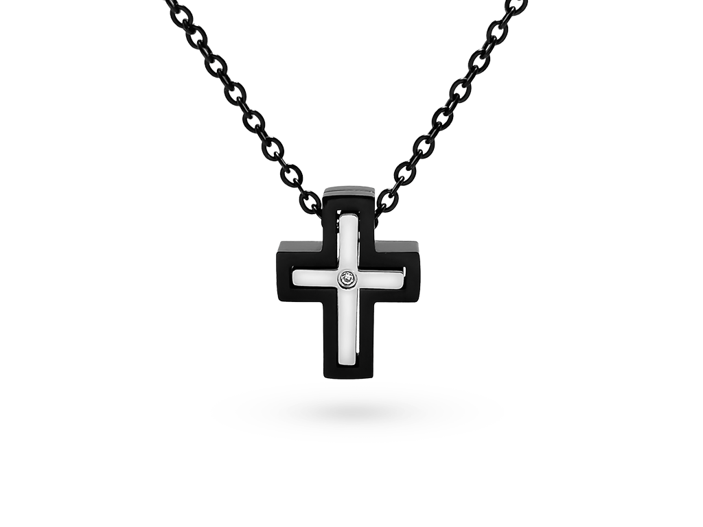 Croce collana uomo ad incastro argentata e nera con punto luce 1 Incisione personalizzata Croce collana uomo ad incastro argentata e nera con punto luce 1 Incisione personalizzata