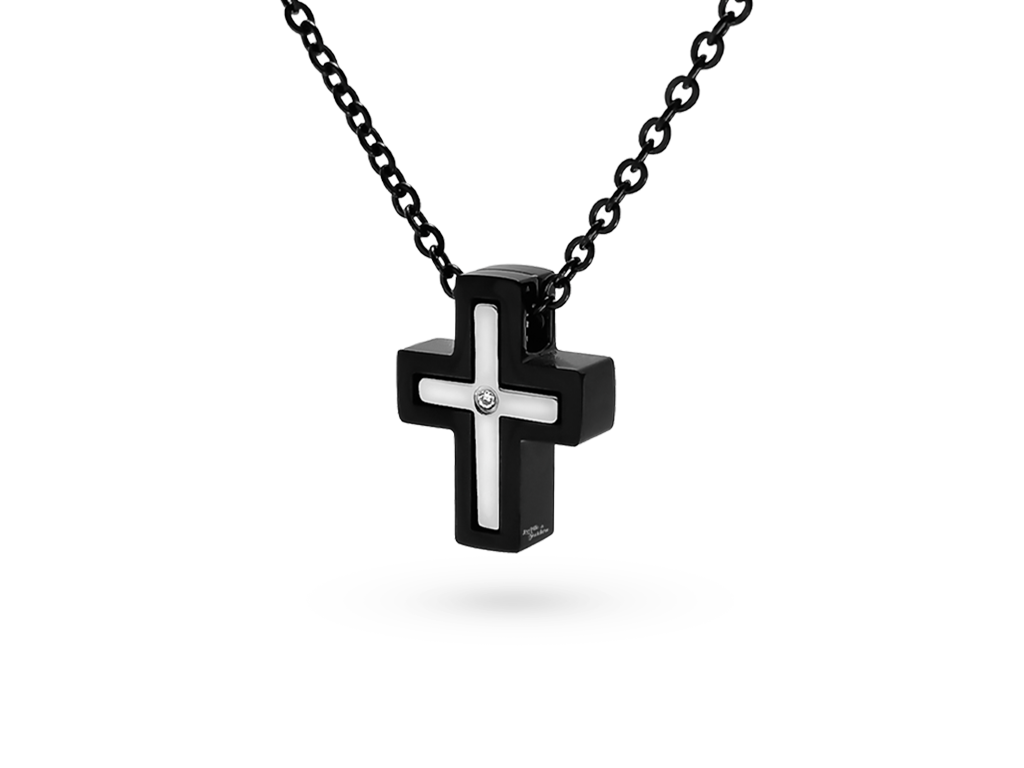 Croce collana uomo ad incastro argentata e nera con punto luce 1 Incisione personalizzata Croce collana uomo ad incastro argentata e nera con punto luce 1 Incisione personalizzata