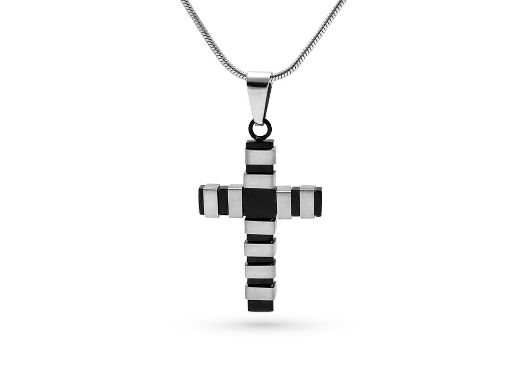 Collana croce con 1 Incisione Personalizzata con fasce nere lucide e argentate satinate Collana croce con 1 Incisione Personalizzata con fasce nere lucide e argentate satinate