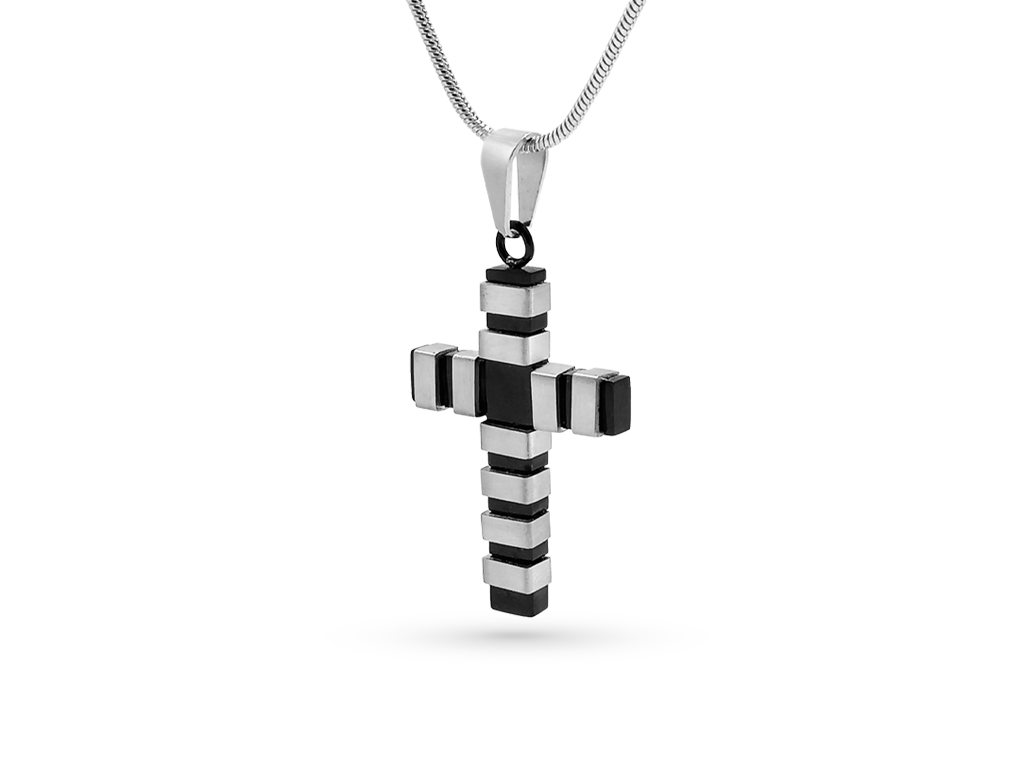 Collana croce con 1 Incisione Personalizzata con fasce nere lucide e argentate satinate Collana croce con 1 Incisione Personalizzata con fasce nere lucide e argentate satinate