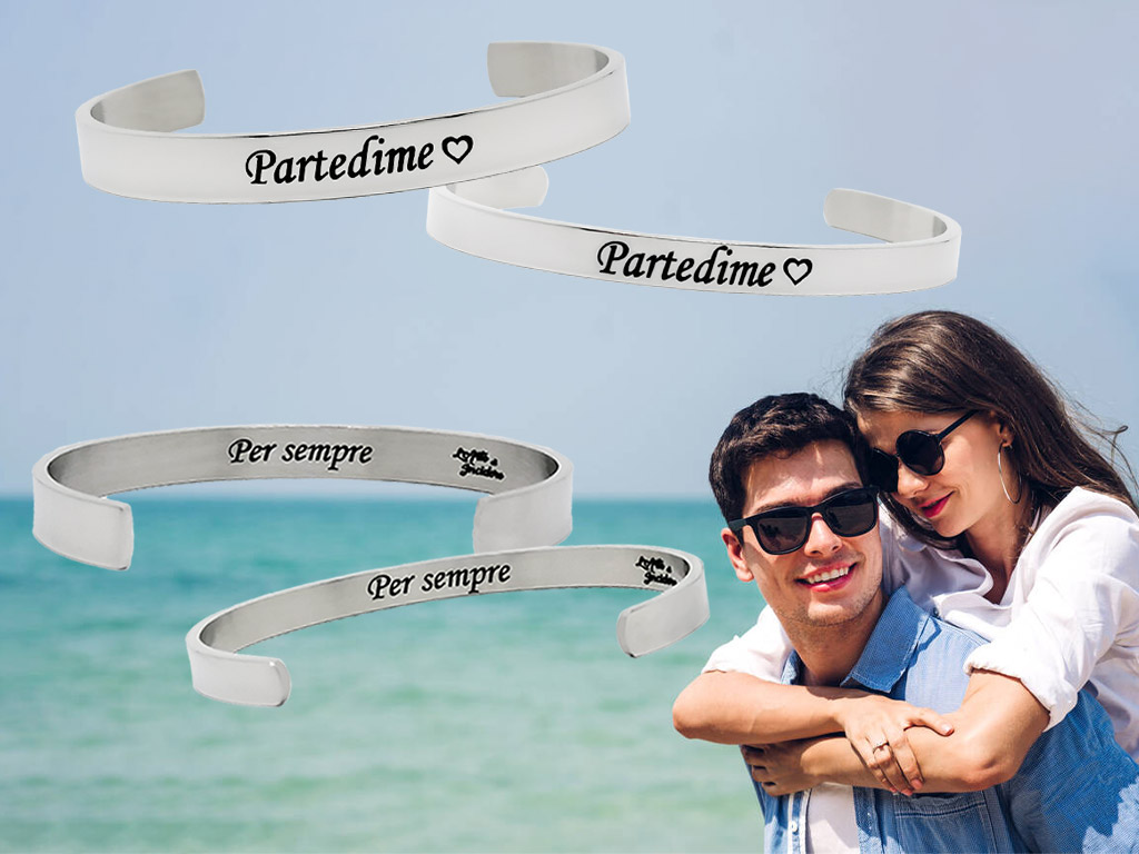 Bracciali coppia rigidi aperti argentati con Incisione personalizzata Bracciali coppia rigidi aperti argentati con Incisione personalizzata