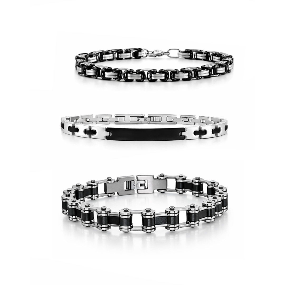 Set Di 3 Bracciali Uomo in Acciaio Bicolore con Incisione