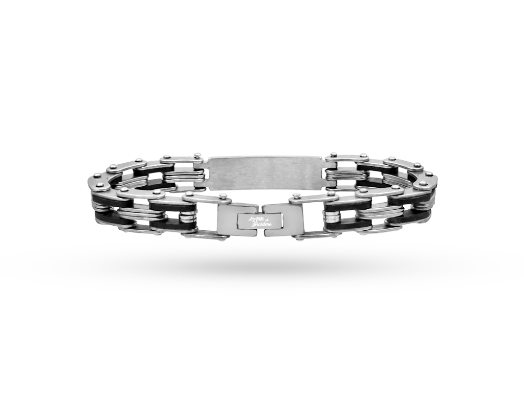 Bracciale acciaio e caucciù uomo con incisione personalizzata (retro) Bracciale acciaio e caucciù uomo con incisione personalizzata
