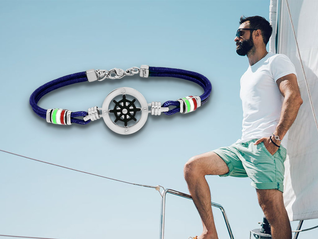 Bracciale corda nautico uomo Timone Acciaio 2 charm tricolore Bracciale corda nautico uomo Timone Acciaio 2 charm tricolore