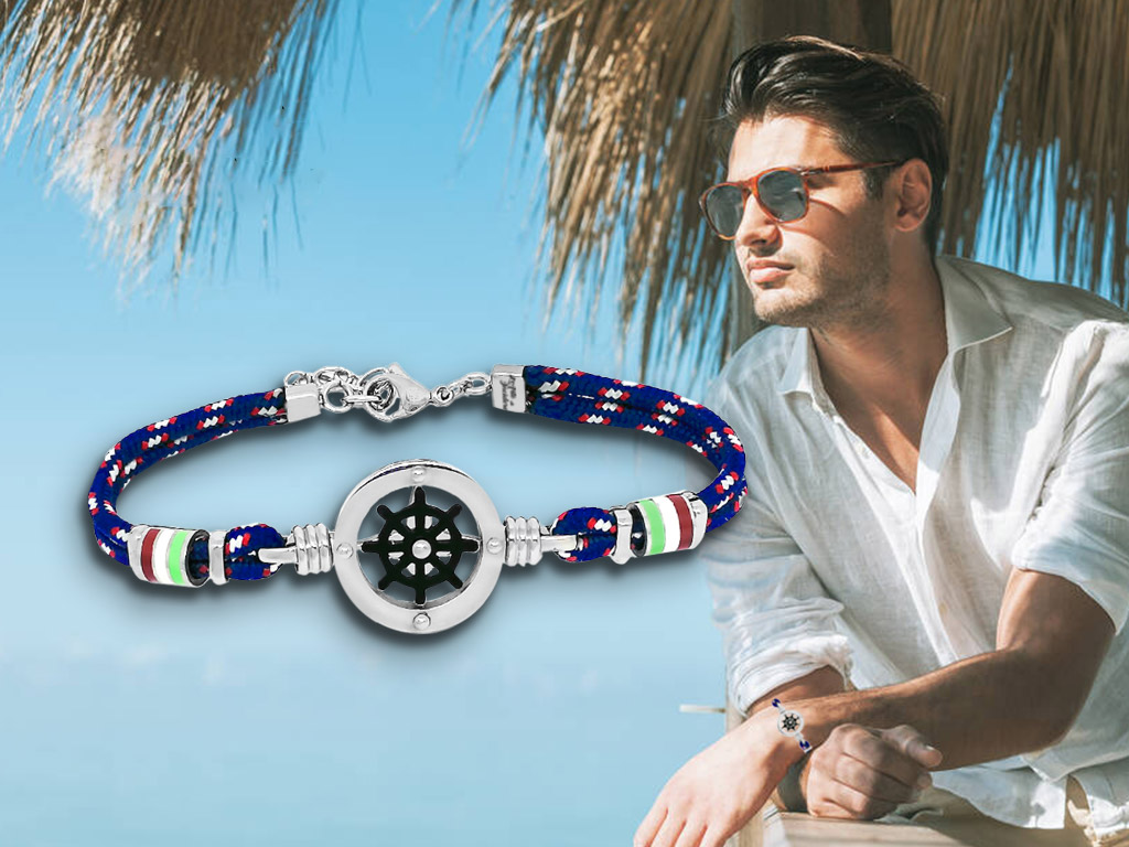 Bracciale corda nautico uomo Timone Acciaio e charm tricolore Bracciale corda nautico uomo Timone Acciaio e charm tricolore