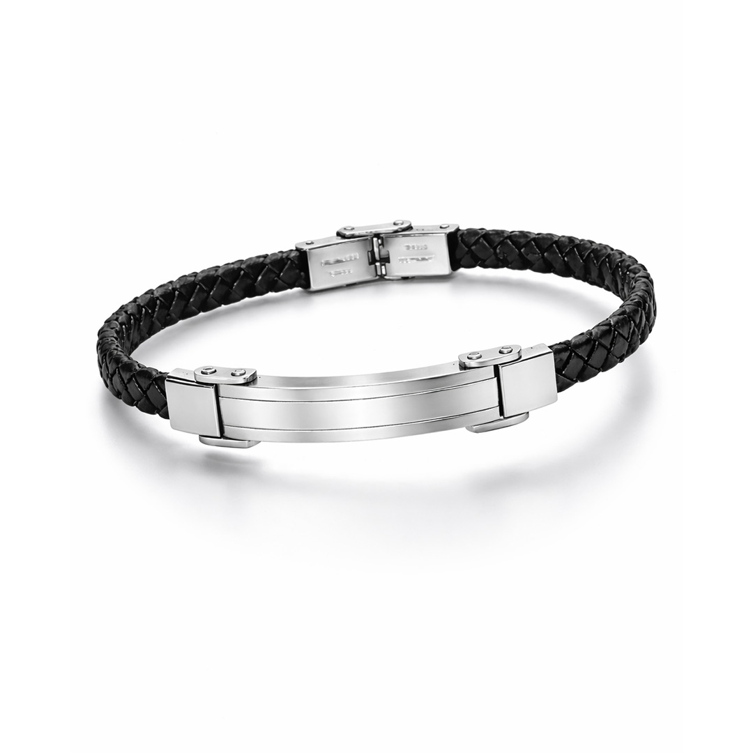 Bracciale in Ecopelle Nera e Placca in Acciaio Personalizzato