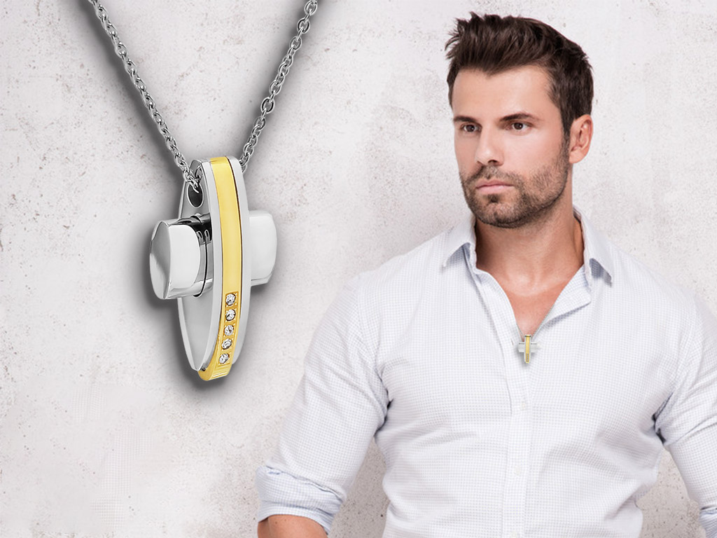 Collana uomo elegante con croce e punti luce con dettagli dorati Collana uomo elegante con croce e punti luce con dettagli dorati