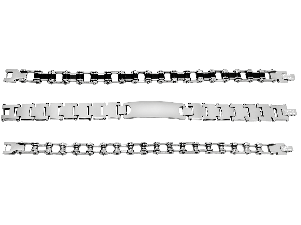 Bracciali uomo set 3 pezzi maglia acciaio e caucciù incisione personalizzata Bracciali uomo set 3 pezzi maglia acciaio e caucciù incisione personalizzata