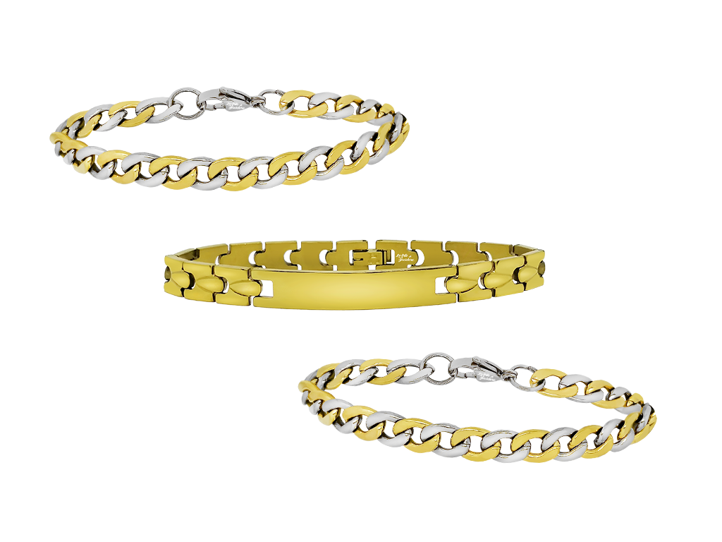 Bracciali uomo set 3 pezzi maglia acciaio argentato e dorato incisione personalizzata Bracciali uomo set 3 pezzi maglia acciaio argentato e dorato incisione personalizzata