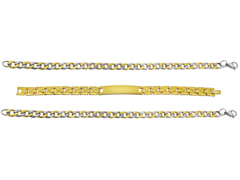 Bracciali uomo set 3 pezzi maglia acciaio argentato e dorato incisione personalizzata Bracciali uomo set 3 pezzi maglia acciaio argentato e dorato incisione personalizzata