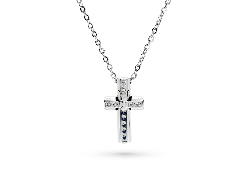 Collana croce uomo argentata e 6 punti luce bianchi e neri