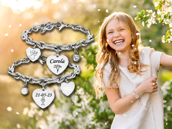 Bracciale Prima Comunione bambina con cuore incisione personalizzata con 1 nome