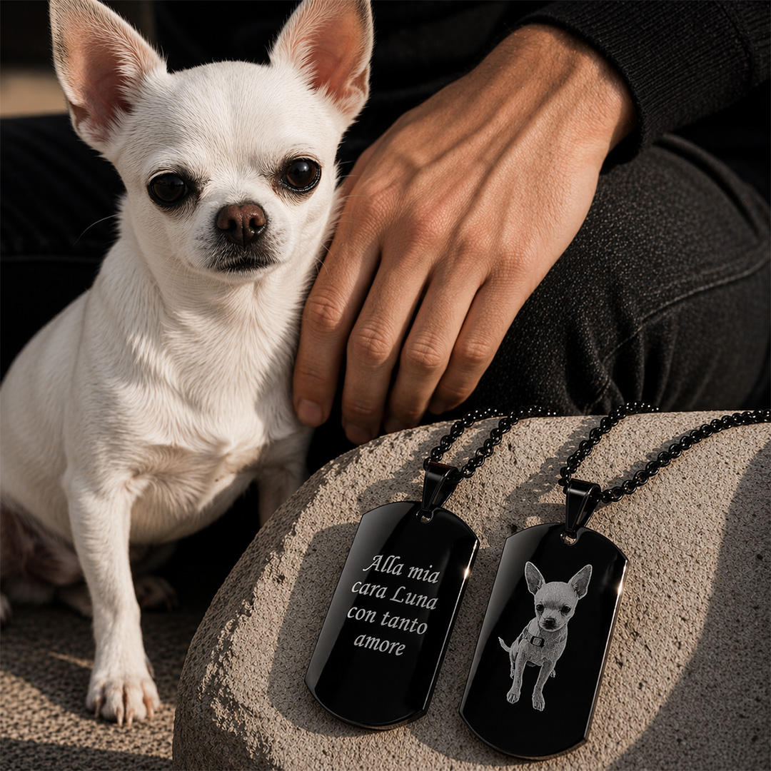 Collana Piastrina Nera con Foto e Dedica Personalizzata con sfondo