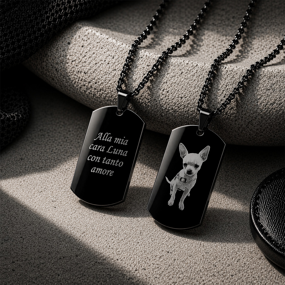 Collana Piastrina Nera con Foto e Dedica Personalizzata particolare