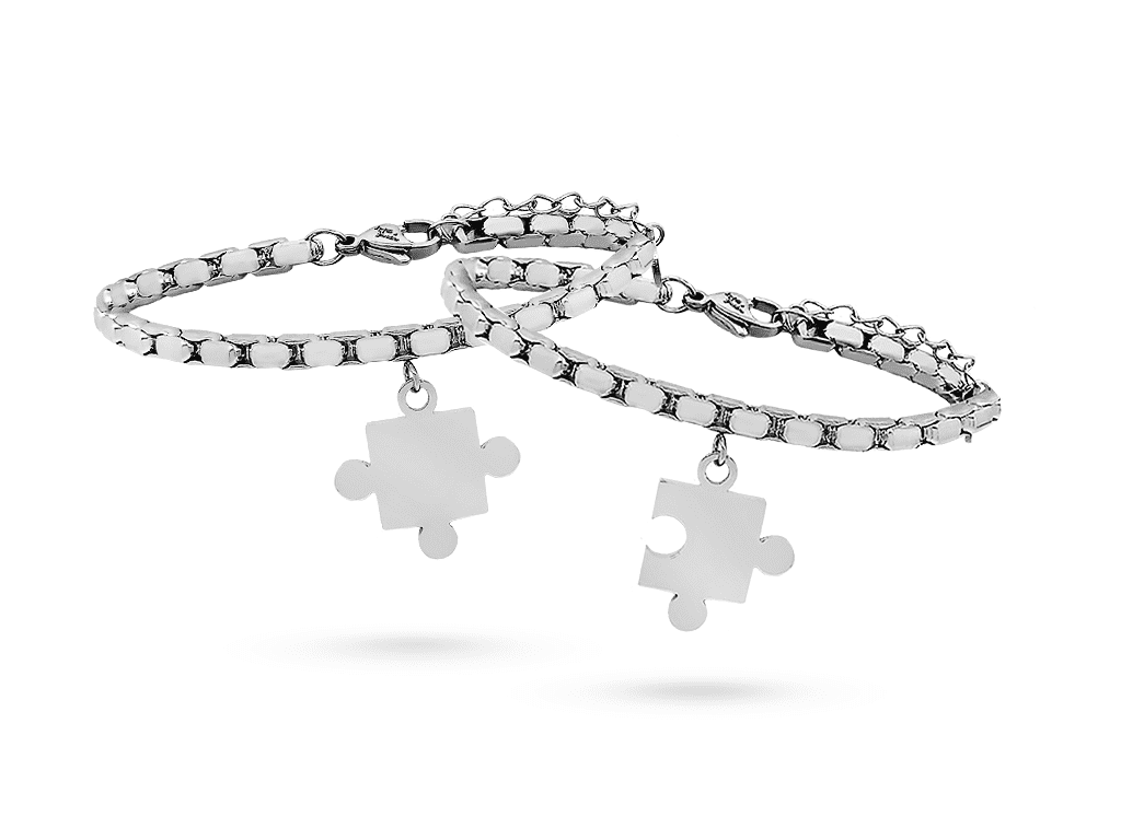 Bracciali con puzzle per coppia incisione personalizzata una per lato Bracciali con puzzle per coppia incisione personalizzata una per lato