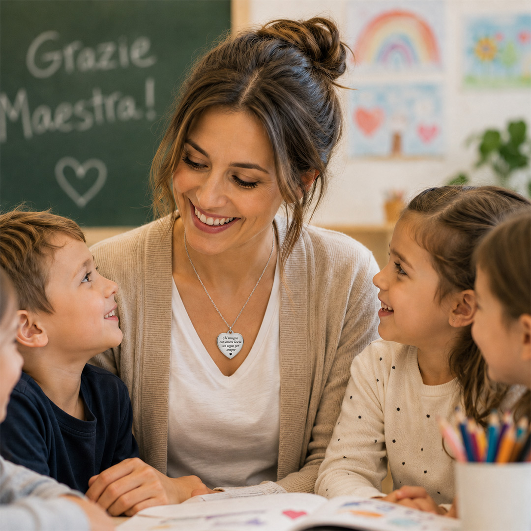 Collana Cuore per Maestra con Incisione Personalizzata Indossata