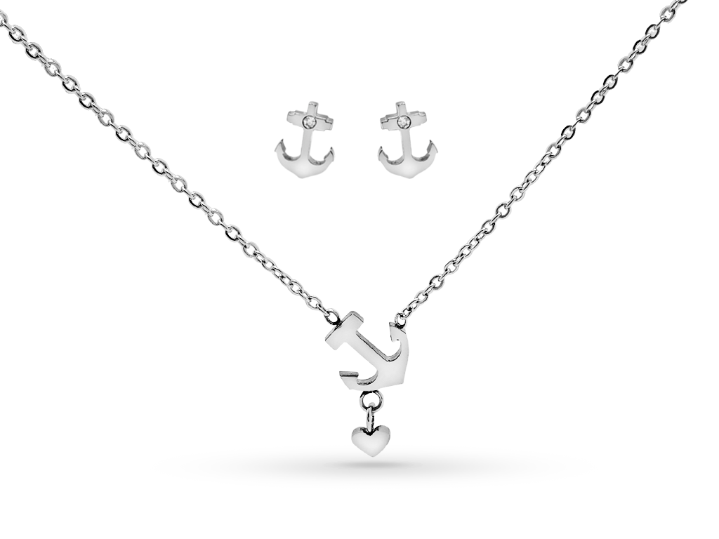 Collana e orecchini abbinati con 1 ancora e cuoricino argentati