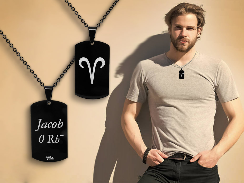 Collana con gruppo sanguigno 1 disegno incisione personalizzata piastrina nera Collana con gruppo sanguigno 1 disegno incisione personalizzata piastrina nera