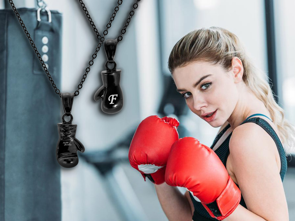 Ciondolo Guantone Da Boxe In Acciaio Inox Con Collana – 55 Cm – Argento/Nero – Regalo In Sacchettino