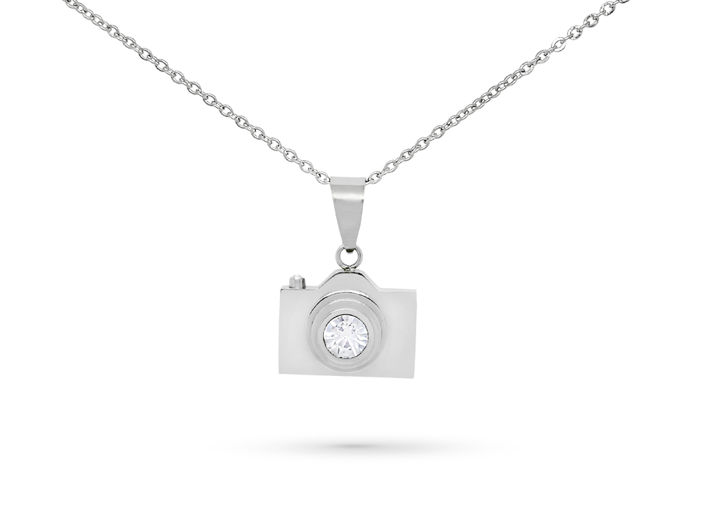 Collana con macchina fotografica argentata incisione personalizzata 1 retro