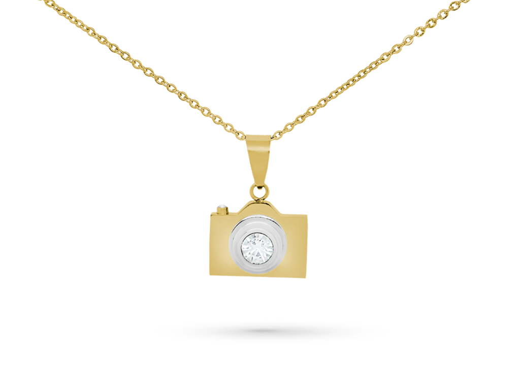 Collana con macchina fotografica dorata incisione personalizzata 1 retro