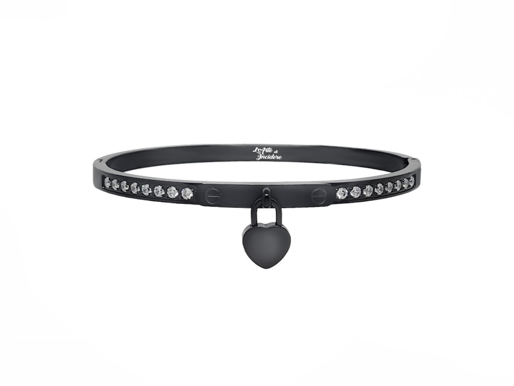 Bracciale rigido con ciondolo 1 cuore nero incisione personalizzata Bracciale rigido con ciondolo 1 cuore nero incisione personalizzata