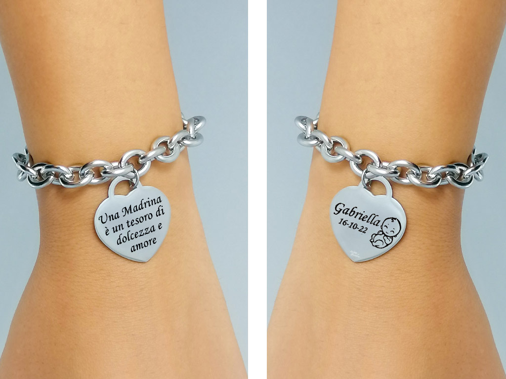 Bracciale Madrina Battesimo con cuore incisione personalizzata con dedica Bracciale Madrina Battesimo con cuore incisione personalizzata con dedica
