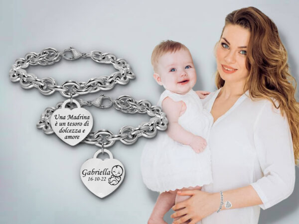 Bracciale Per Madrina Battesimo Cuore con Incisione Personalizzata