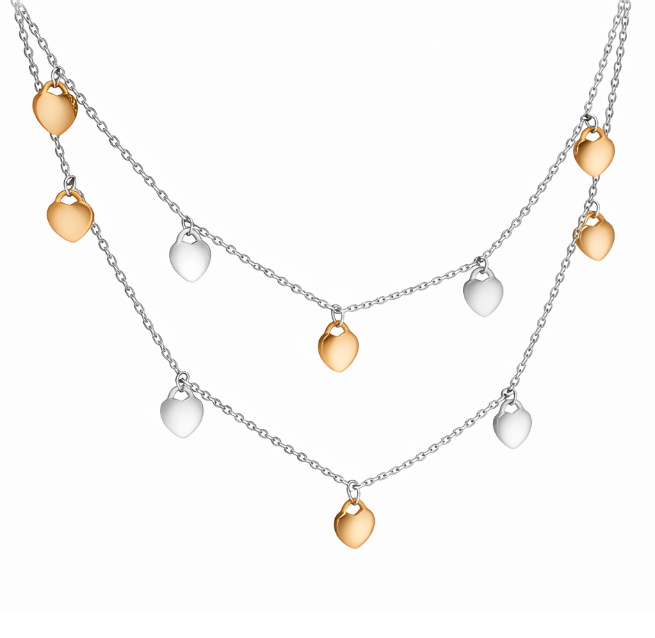 Collana a Due Fili con Cuoricini Bicolor Incisione Personalizzata Collana a Due Fili con Cuoricini Bicolor Incisione Personalizzata