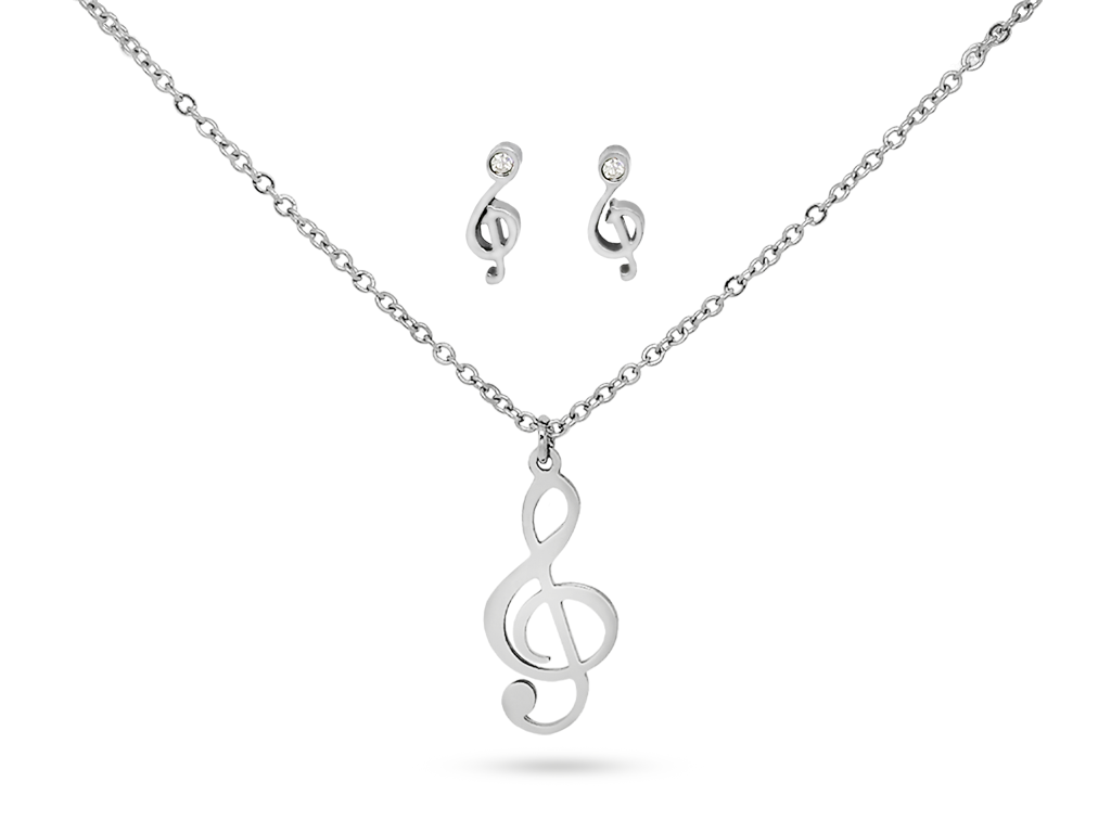 Collana e orecchini abbinati con 1 chiave di violino argentata Collana e orecchini abbinati con 1 chiave di violino argentata