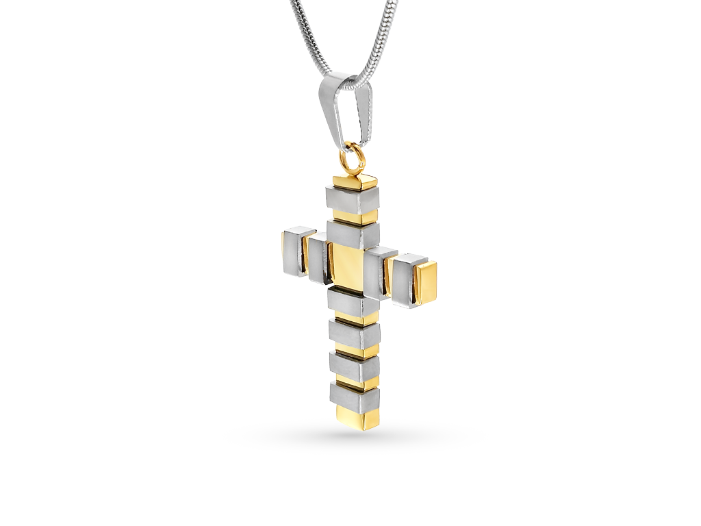 Collana croce con 1 Incisione Personalizzata con con fasce argentate satinate e dorate lucide Collana croce con 1 Incisione Personalizzata con con fasce argentate satinate e dorate lucide