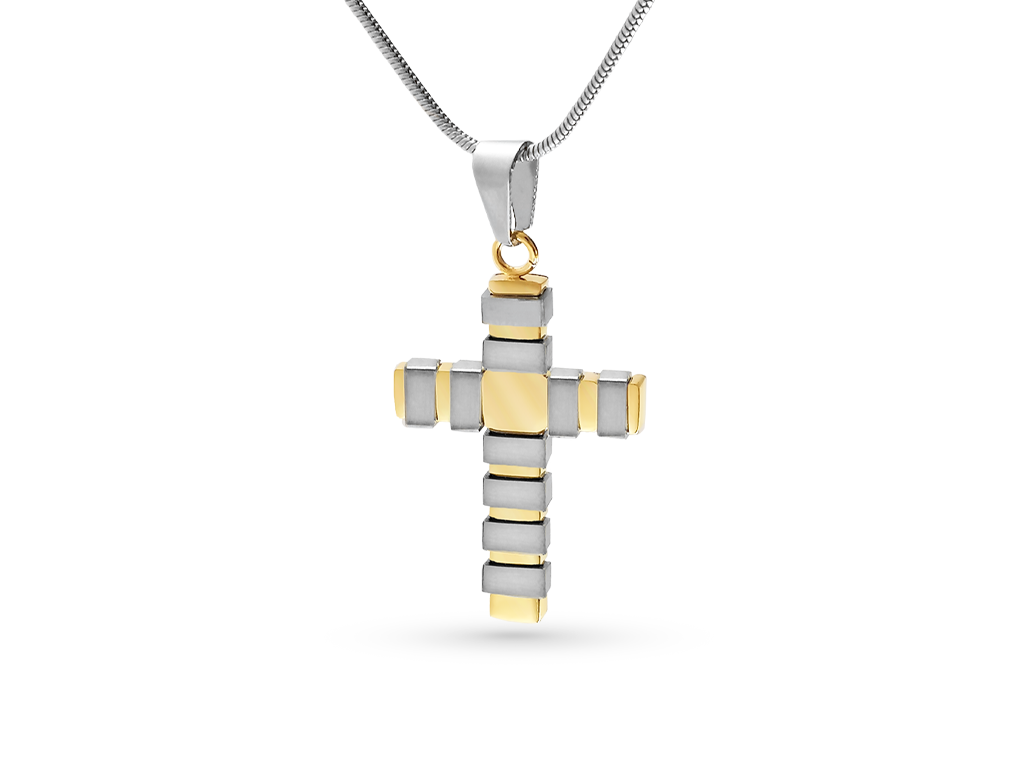 Collana croce con 1 Incisione Personalizzata con con fasce argentate satinate e dorate lucide Collana croce con 1 Incisione Personalizzata con con fasce argentate satinate e dorate lucide