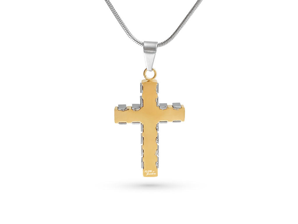Collana croce con 1 Incisione Personalizzata con con fasce argentate satinate e dorate lucide Collana croce con 1 Incisione Personalizzata con con fasce argentate satinate e dorate lucide
